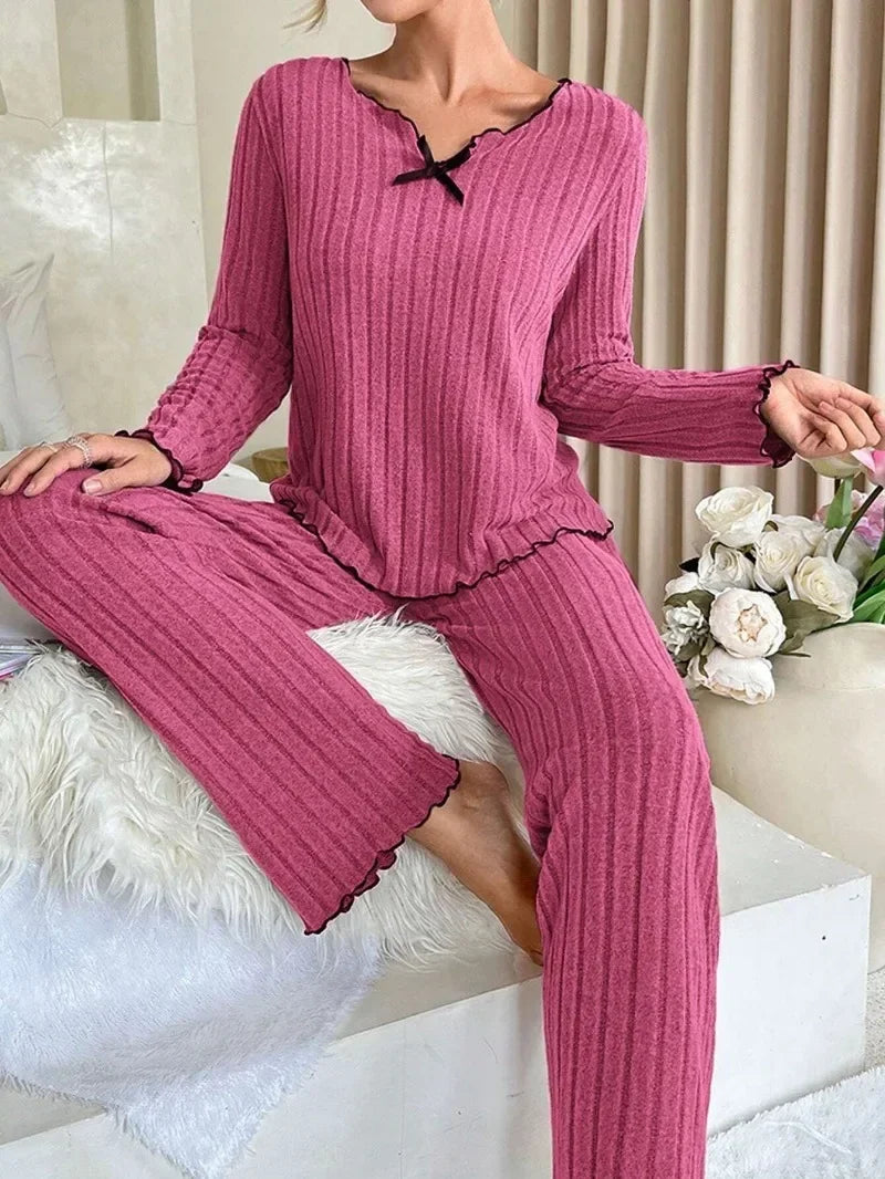 Autumn Winter Sleepwear Ribbed Pajamas Set Women Long Sleeve Top and Long Pants 2 Piece Casual Homewear Loungewear