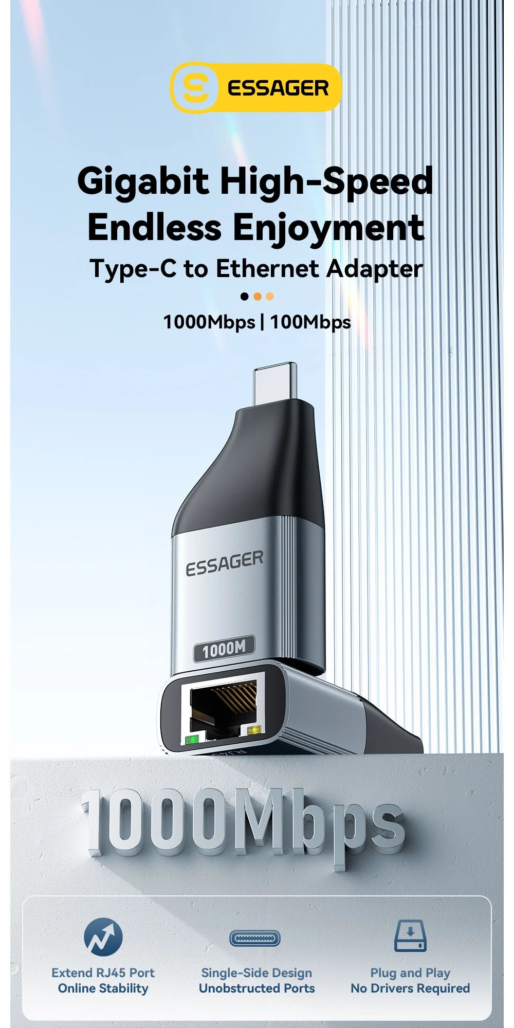 Essager Type-C to Ethernet Adapter 100/1000Mbps Gigabit High-Speed RJ45 To Type-c Adapter For MacBook Laptop Wired Network Card