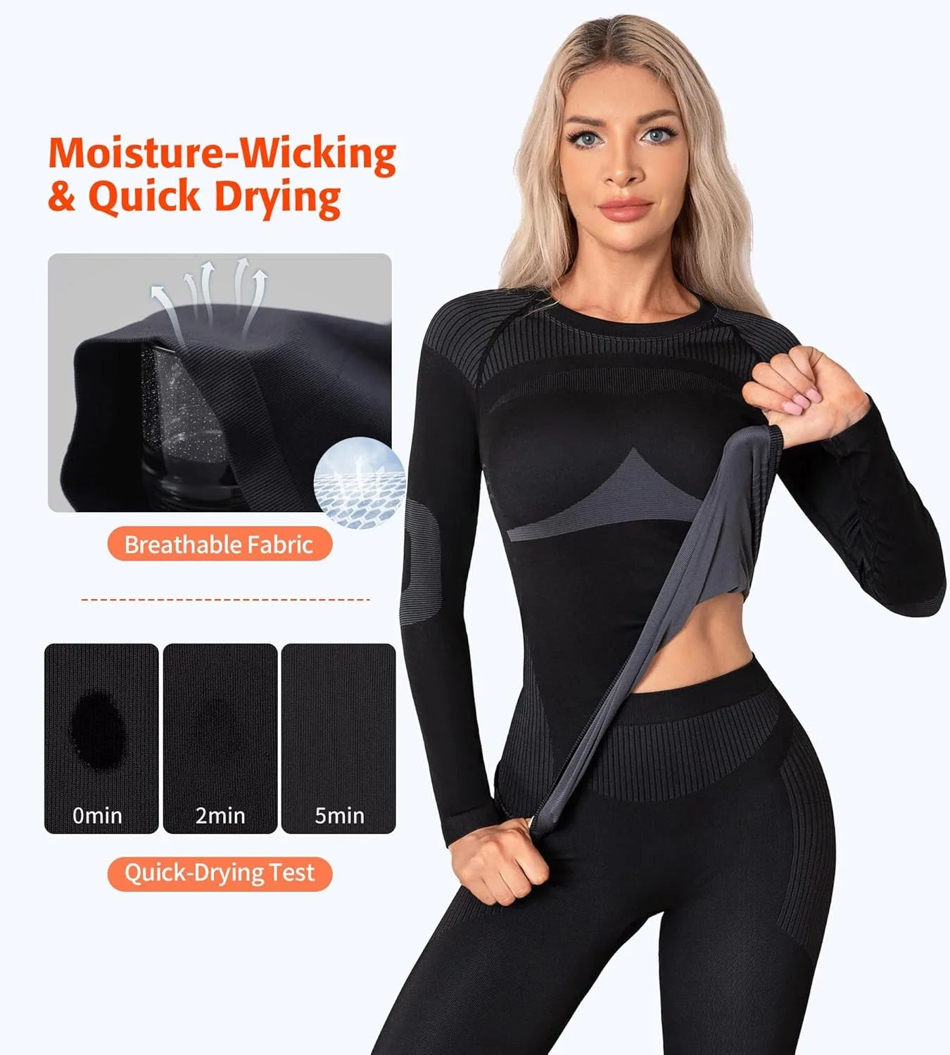 Anfilia Women Ski Thermal Underwear Sets Moisture-wicking & Quick Drying Tight Crew Neck Seamless knitted Base Layer Long Johns