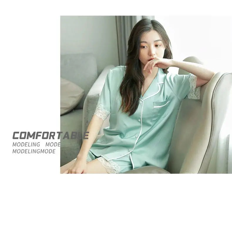 Women's Pajamas Set Satin Sleepwear Button Down Tops and Shorts Pajama 2 Piece Suit Pyjama Femme Nightwear Loungewear for Summer