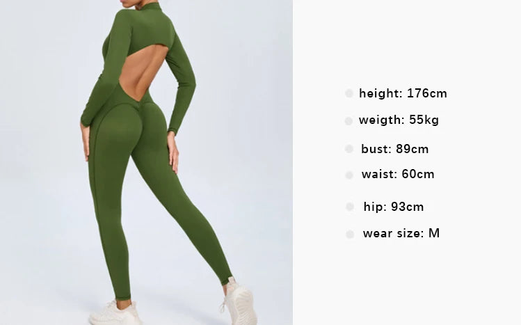 Fashion Hollow Backless Sport Jumpsuit Women's Tracksuit Long Sleeve Zipper Fitness Overalls One Piece Gym Set Workout Clothing