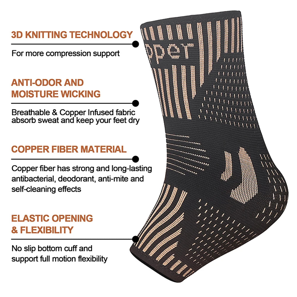 1Pcs Copper Ankle Braces Support Compression Sleeves for Injury Recovery,Joint Pain,Plantar Fasciitis,Sprained Ankle,ACL,Sports