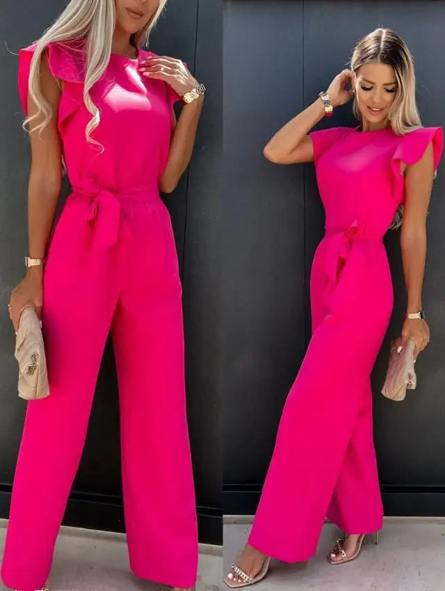 Summer Temperament Commuting Pleated Lace Up Jumpsuit Fashionable Rose Red Round Neck Short Sleeved Jumpsuit Women's Jumpsuit