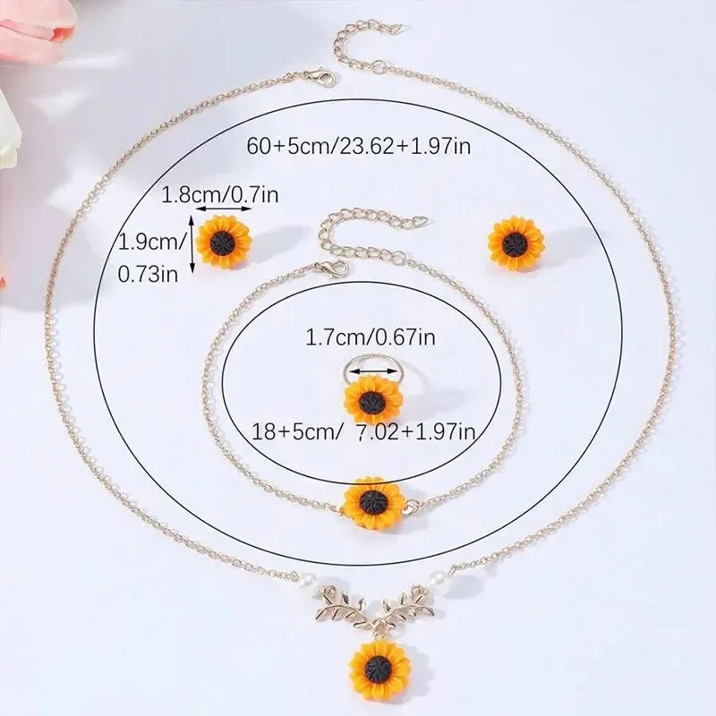 Cute Sweet Resin Flower Pendant Metal Leaves Chain Sunflower Necklace Bracelet Rings Earring Set Jewelry