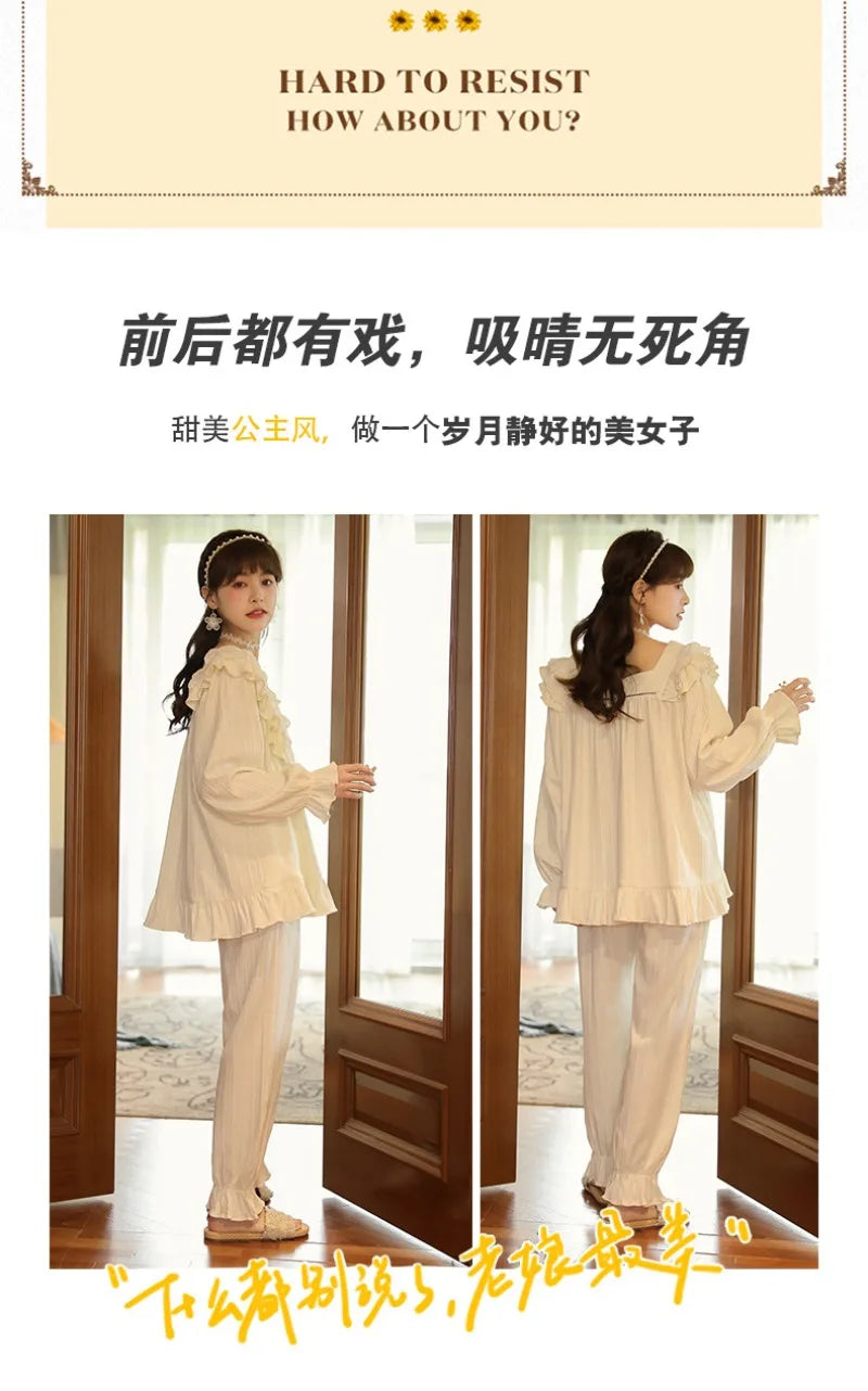 Women's Sweet Ruffle Pajamas Set Long Sleeve Top And Long Pants Sleepwear 2 Piece Set For Women Korean Casual Home Loose Pajamas