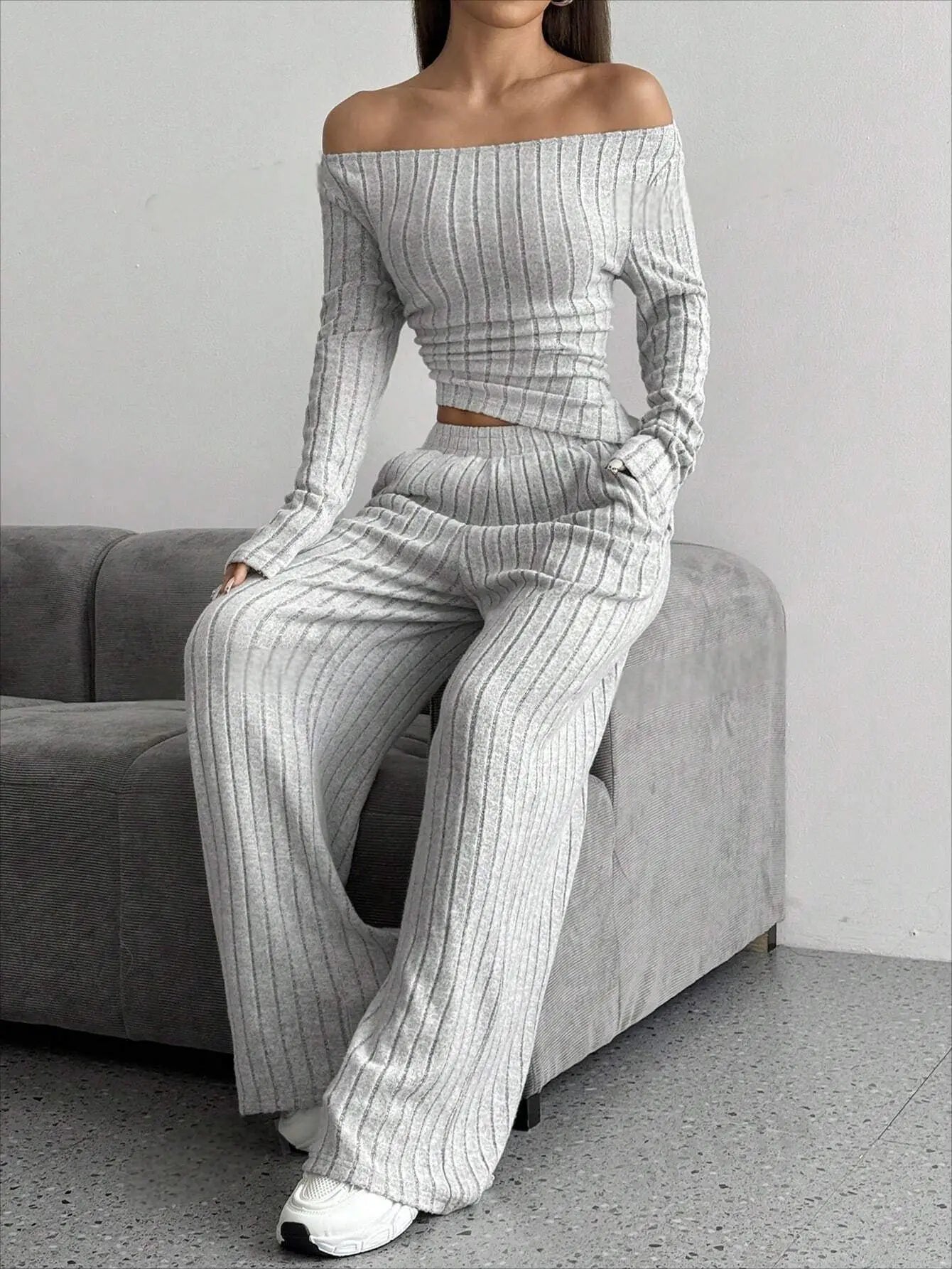 2024 Spring Knitted 2 Piece Sets Women Tracksuit Long Sleeve Vintage Sweater Crop Top Flare Pants Stretch Matching Suit Outfit