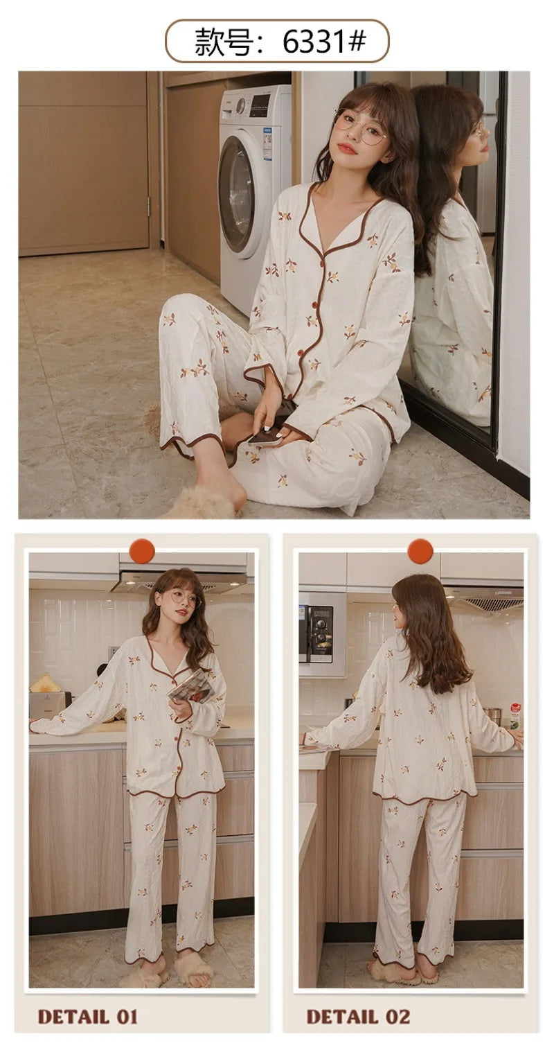 Women's Sweet Ruffle Pajamas Set Long Sleeve Top And Long Pants Sleepwear 2 Piece Set For Women Korean Casual Home Loose Pajamas