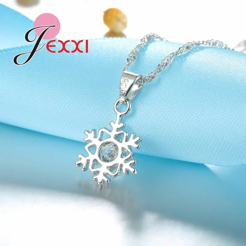 Elegant Women Snowflake Pendant Crystal 925 Sterling Silver Chain Necklace+Earrings Set Female Fashion Wedding Christmas Jewelry