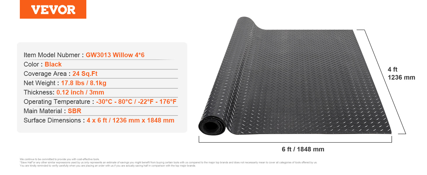 VEVOR Diamond-Plate Rubber Flooring Roll SBR Rubber Garage Floor Mat Easy to Clean for Under Cars Garage Industry Gym